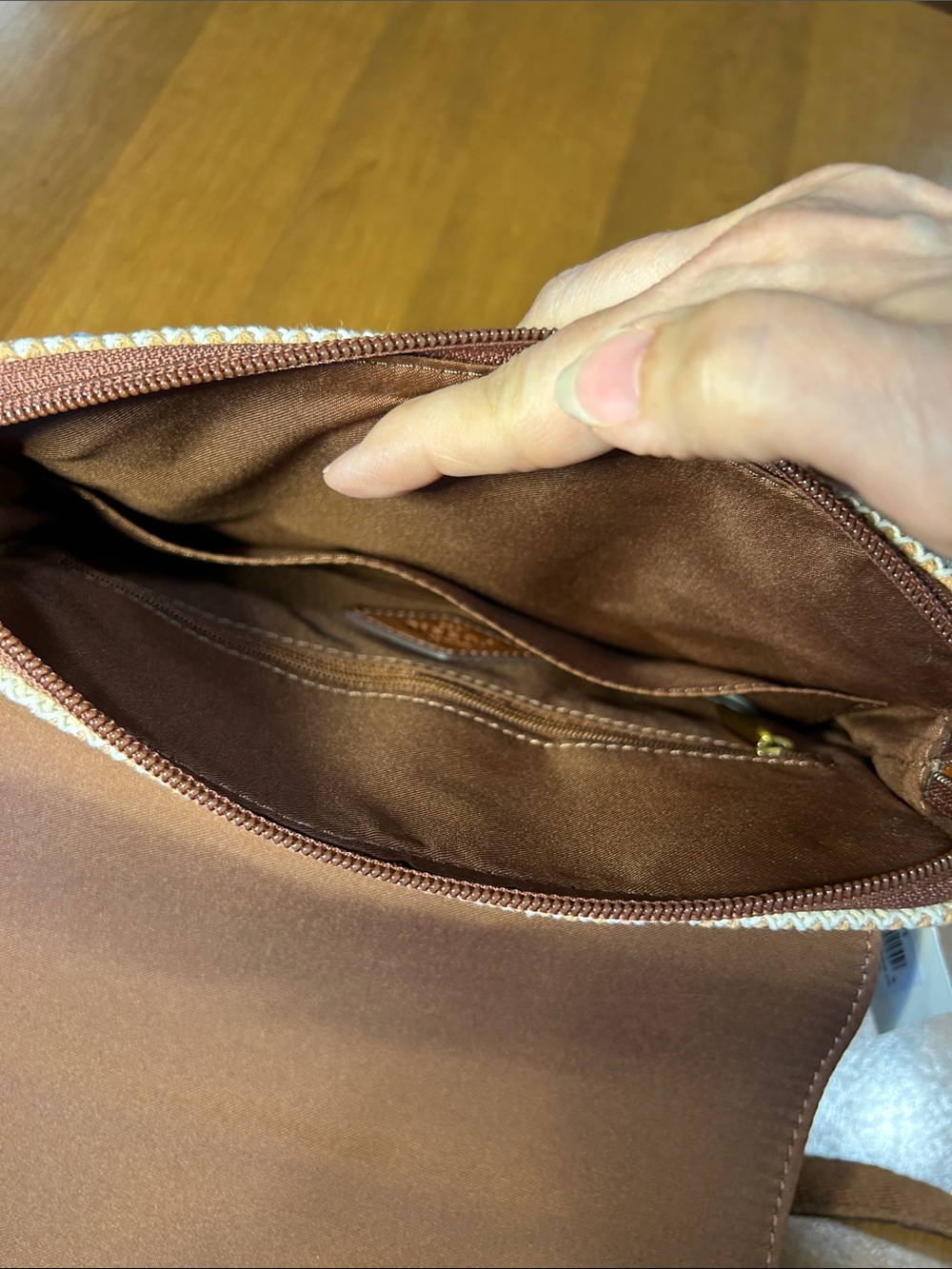 Fossil Kinley Tan Leather Flap Crossbody with Multicolor Knit Body - Picture 8 of 12